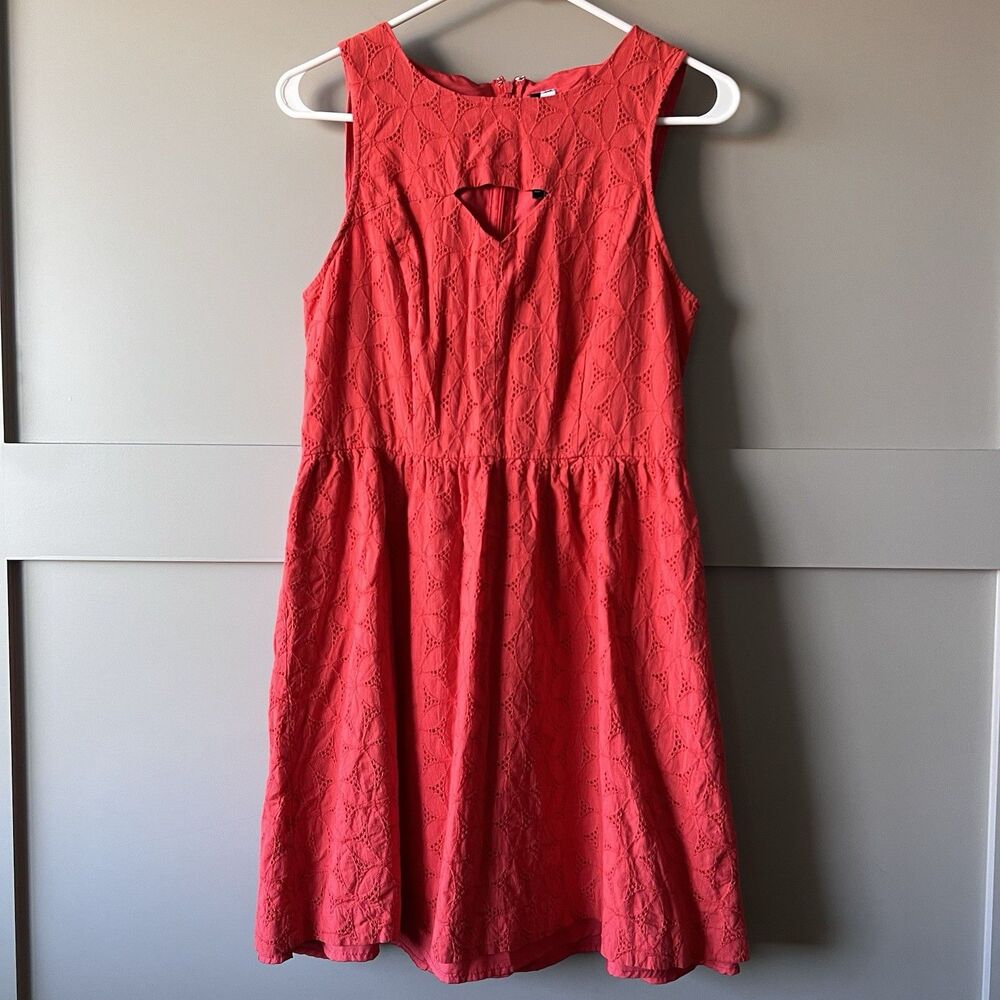 Kensie Eyelet Fit and Flare Mini Dress Women Medium‎ Red Orange Cotton Zip Party